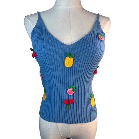 ZARA Blue Medium Ribbed Knit Fruit Embroidered Sleeveless V Neckline Camisole - Picture 3 of 10